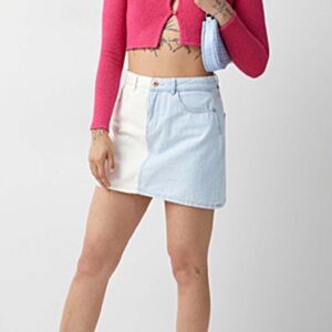 Two-tone White and Light Blue Cotton Denim Mini Skirt